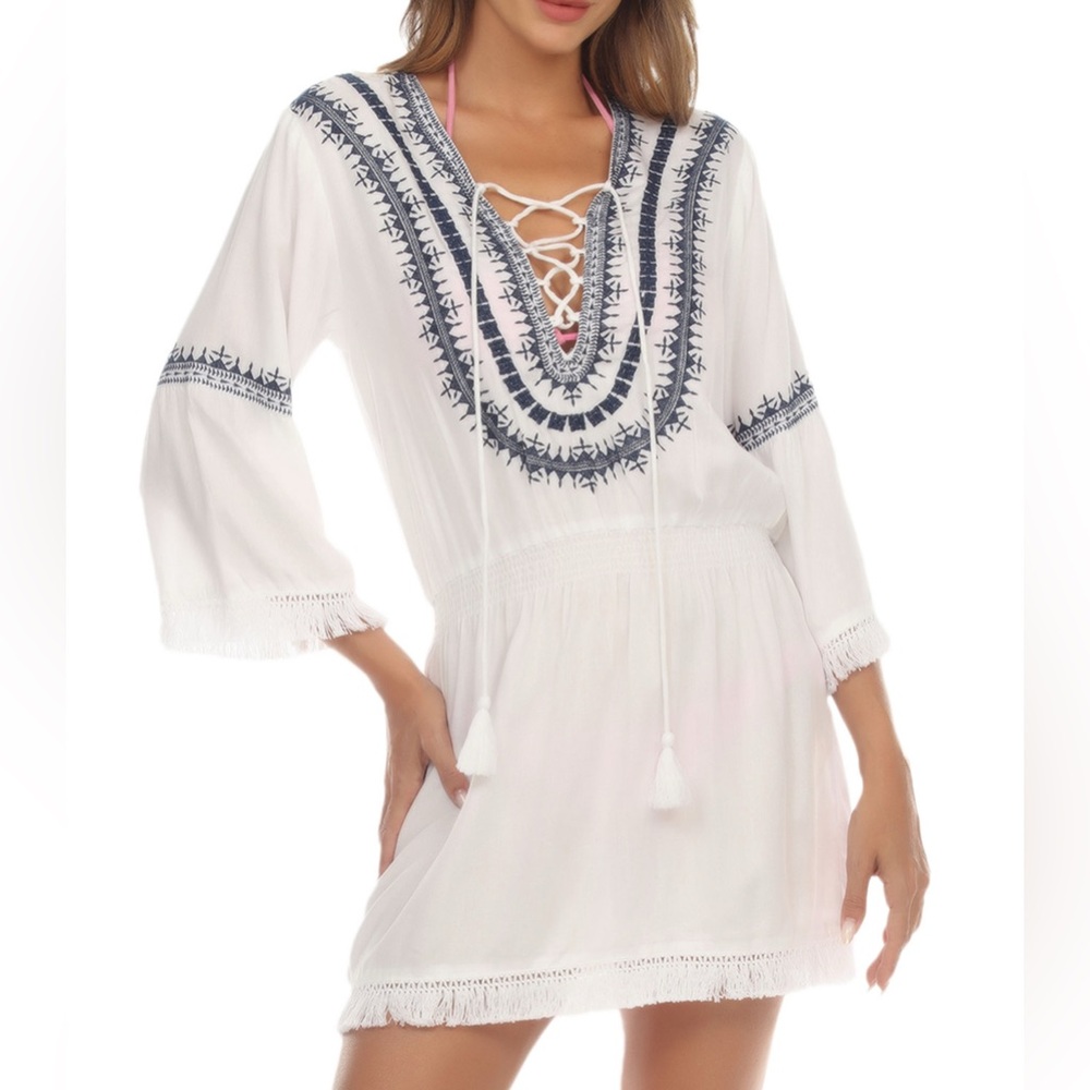 Raviya White and Navy Lace-Up Swim Cover-Up